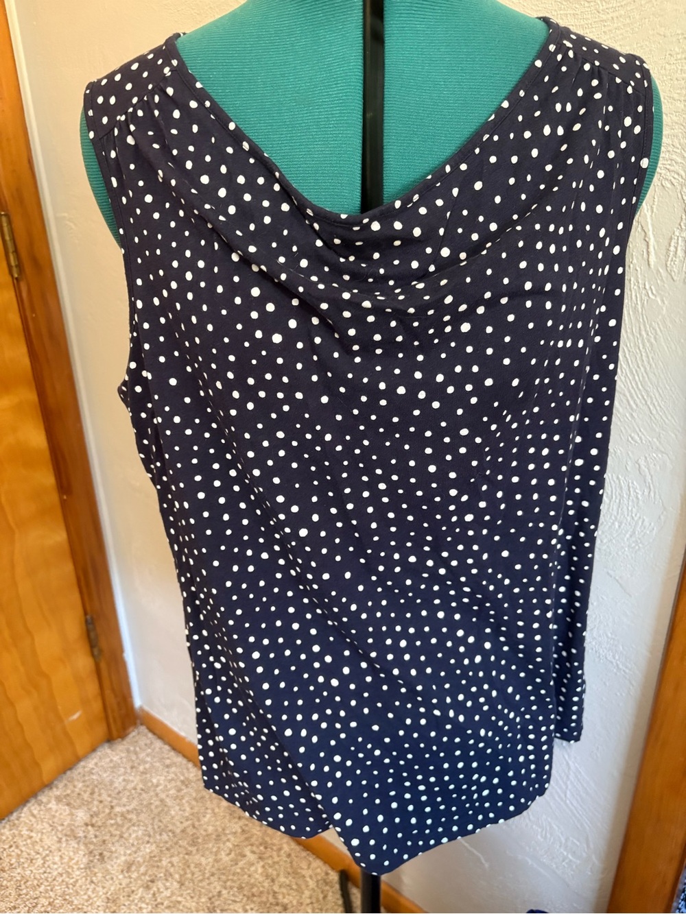 Lands' End Navy & White Polka Dot Sleeveless Cowl Neck Top
